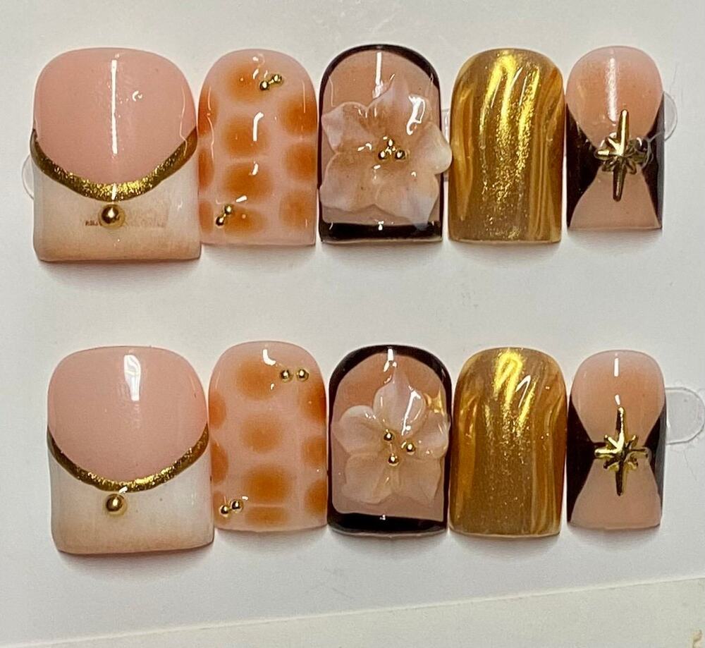3D Flower Gold Chrome Neutrals French Tip Baby Duck Press-On Nails Medium Large